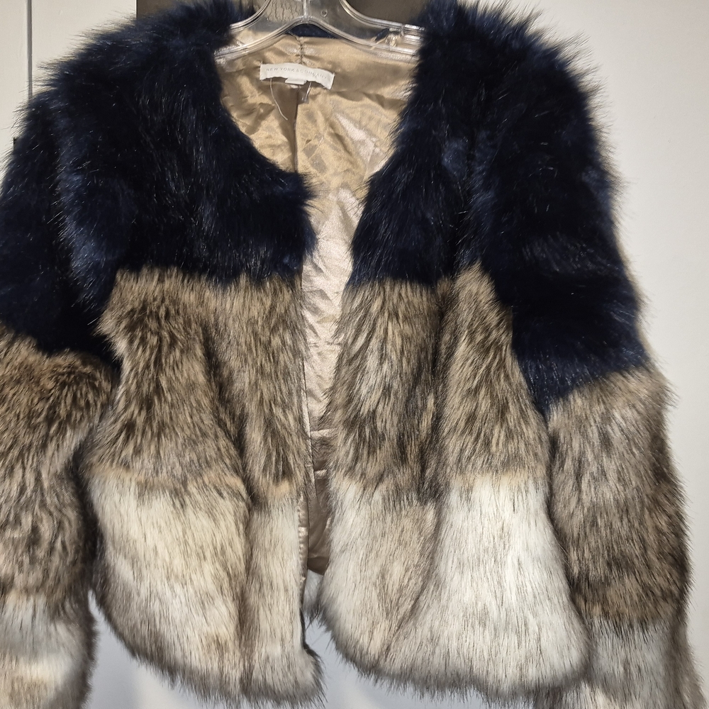 New York & Company Multicolor Faux Fur Teddy Jacket
